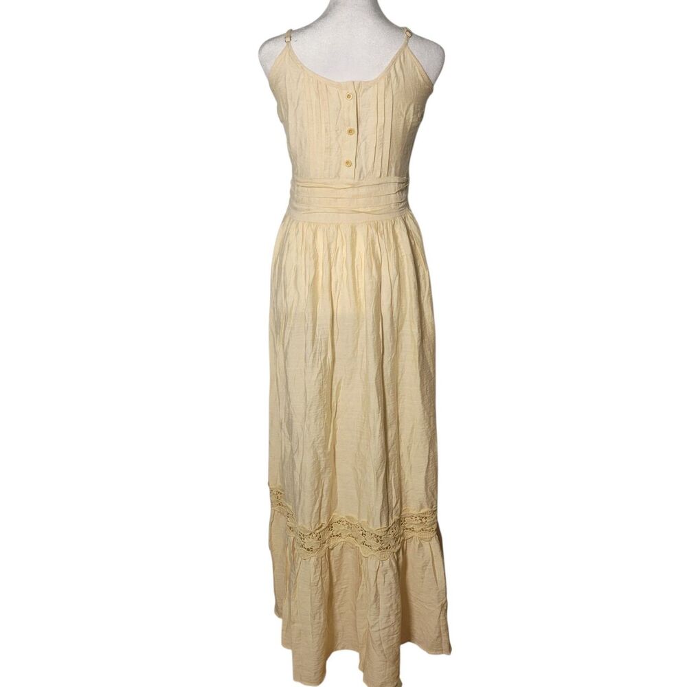 Butter Yellow Smocked Maxi Dress S Lace Trim Boho Cottagecore Coquette Prairie